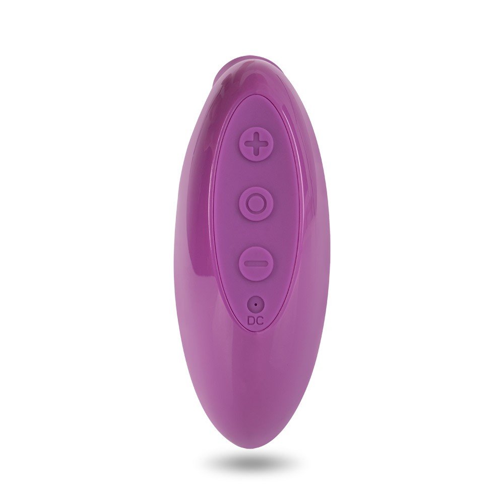 Vista superior do Vibrador Feminino Emi Roxo, com foco nos bot�es de mais, menos e ligar/desligar