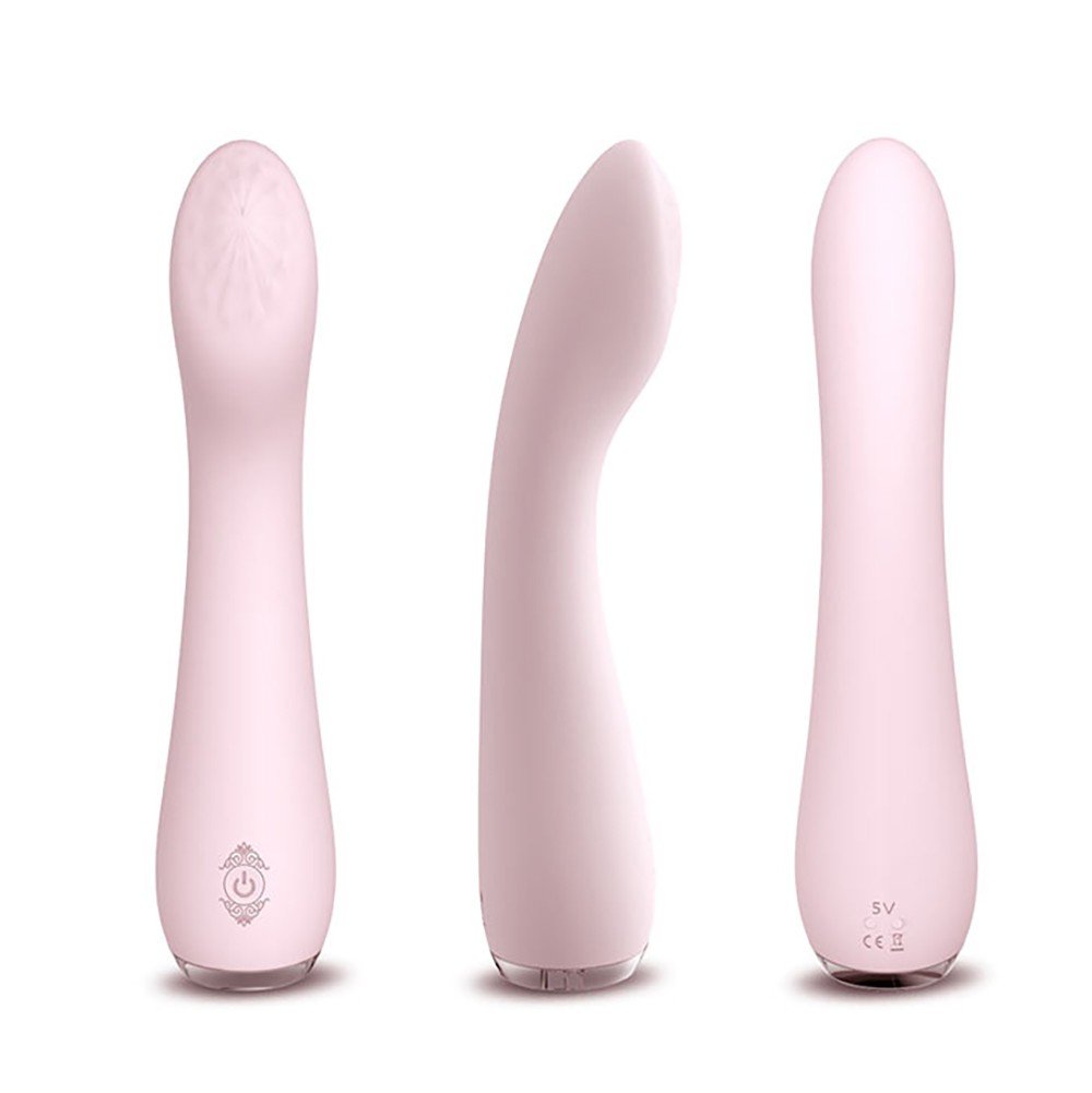 Vibrador Feminino Lisa Rosa em diferentes �ngulos: frontal, lateral curvo e posterior, destacando sua forma e o bot�o de controle