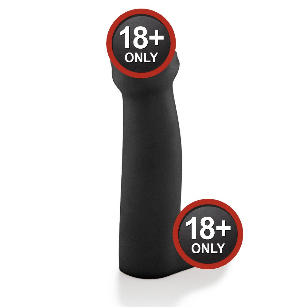 P�nis Gigante e Grosso Flex�vel com Escroto Fimose 28 x 7cm Preto em vista lateral, ressaltando o comprimento e a curvatura do dildo
