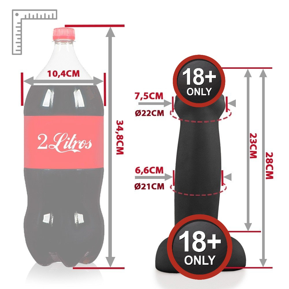 P�nis Gigante e Grosso Flex�vel com Escroto Fimose 28 x 7cm Preto em vista superior/frontal, destacando a glande e o prep�cio
