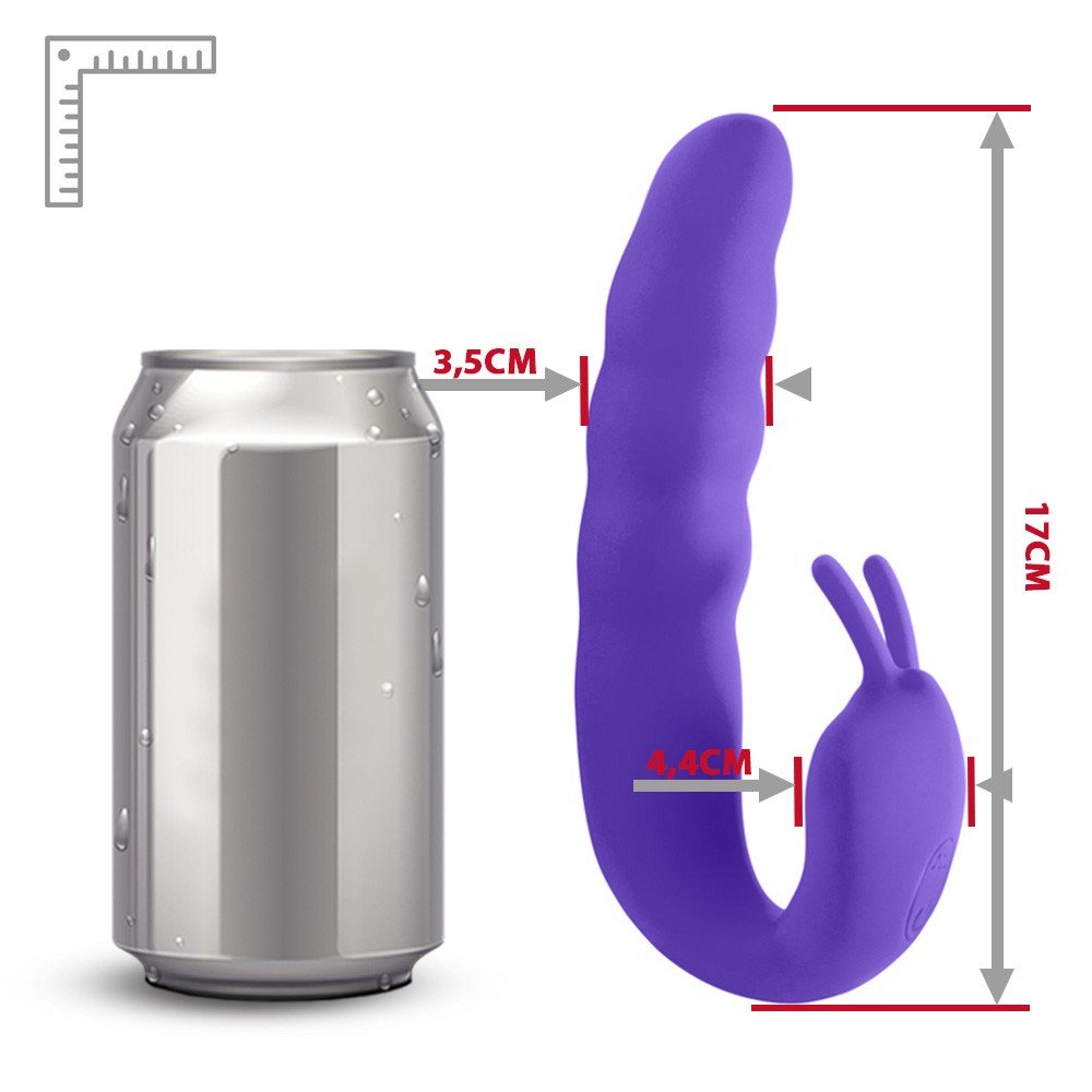 Detalhe da ponta maior do Vibrador Duplo em Silicone Recarreg�vel Roxo, focada na estimula��o do ponto G.
