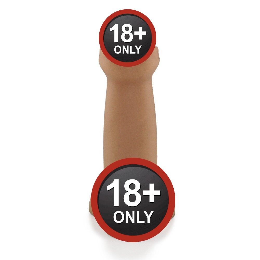 P�nis Gigante e Grosso Flex�vel com Escroto Fimose 28 x 7cm Bege - Vista frontal completa do dildo bege com destaque para escroto e prep�cio