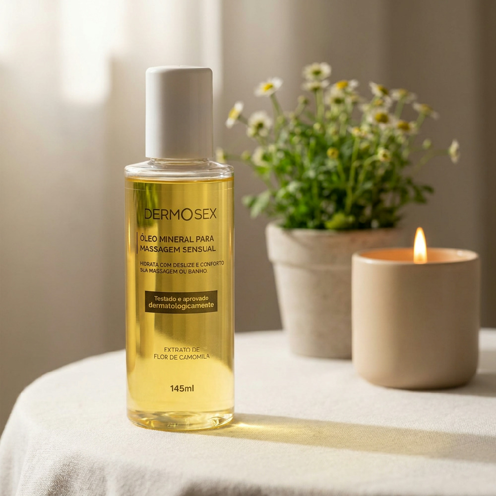 �leo Mineral para Massagem Sensual DERMOSex 145ml, em vista inclinada, destacando o r�tulo e o conte�do amarelado.