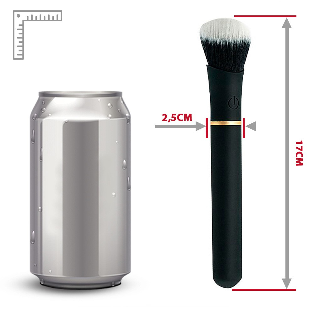 Detalhe do bot�o de ligar/desligar e anel dourado do Vibrador Discreto Recarreg�vel em Silicone Pincel de Maquiagem Preto