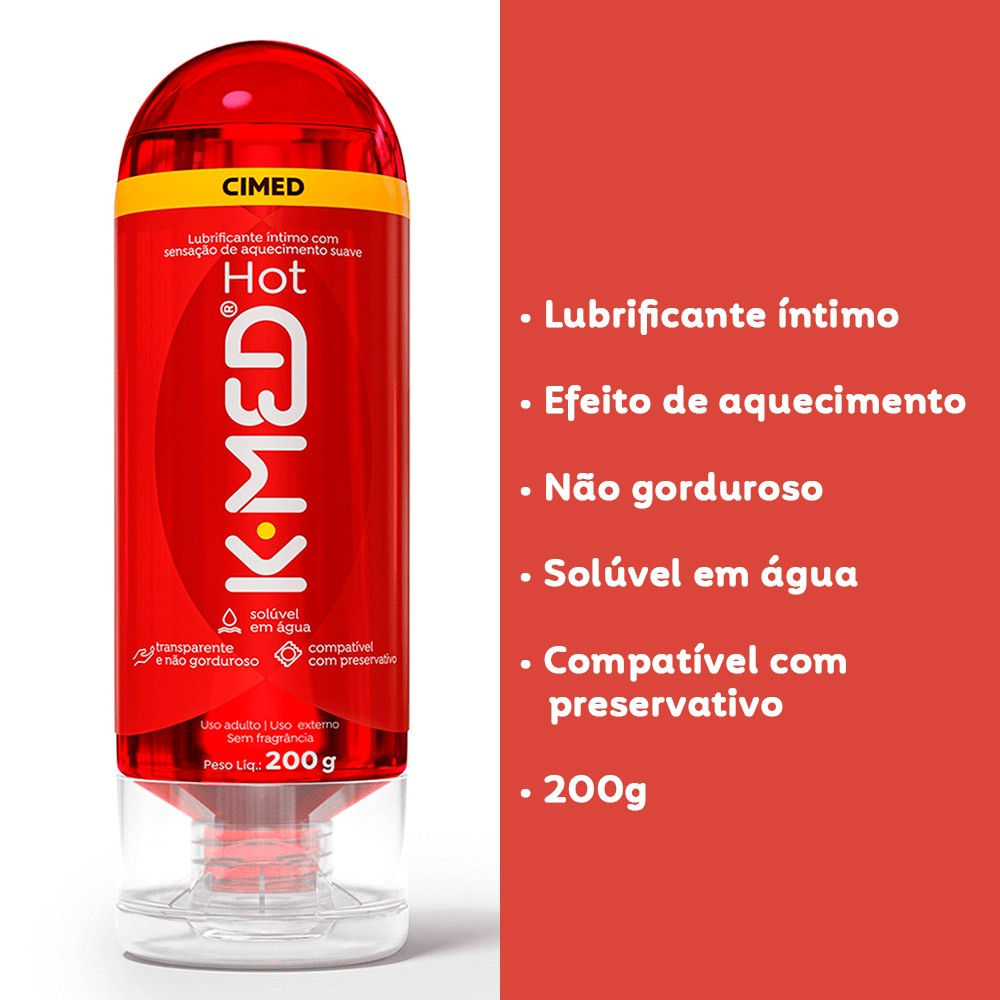 Lubrificante K-Med Hot com listagem de benef�cios como lubrificante �ntimo, efeito de aquecimento, n�o gorduroso, sol�vel em �gua e 200g
