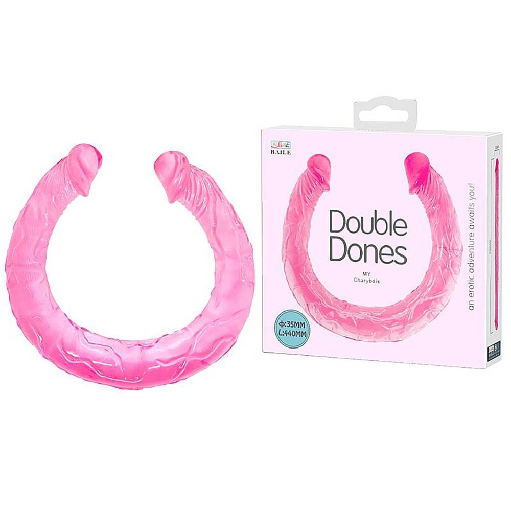 Pênis Duas Pontas Havaiano em Jelly com Textura e Glandes 44 x 3,5cm Rosa | Foto 01