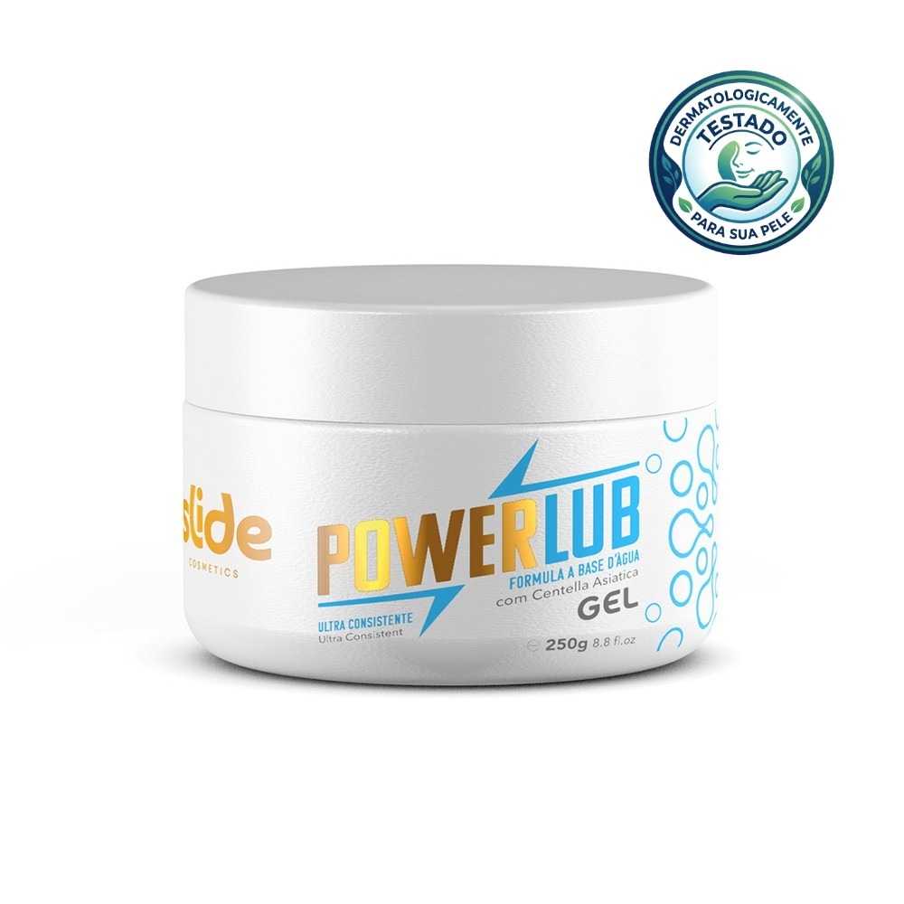 Pote fechado do Lubrificante Corporal PowerLub Gel 250g com selo 'Dermatologicamente Testado'.