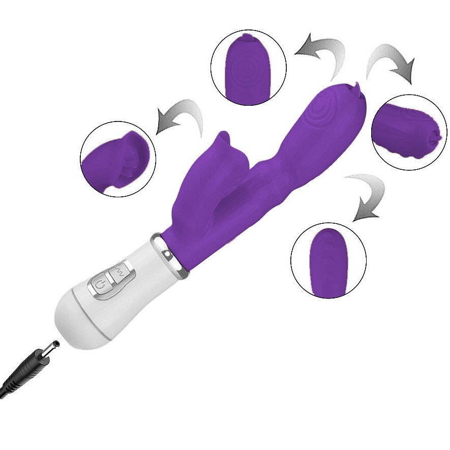 Vibrador Duplo Recarreg�vel em ABS com L�ngua Estimuladora 12 Vibra��es Roxo - Vis�o superior da l�ngua com detalhes de vibra��o