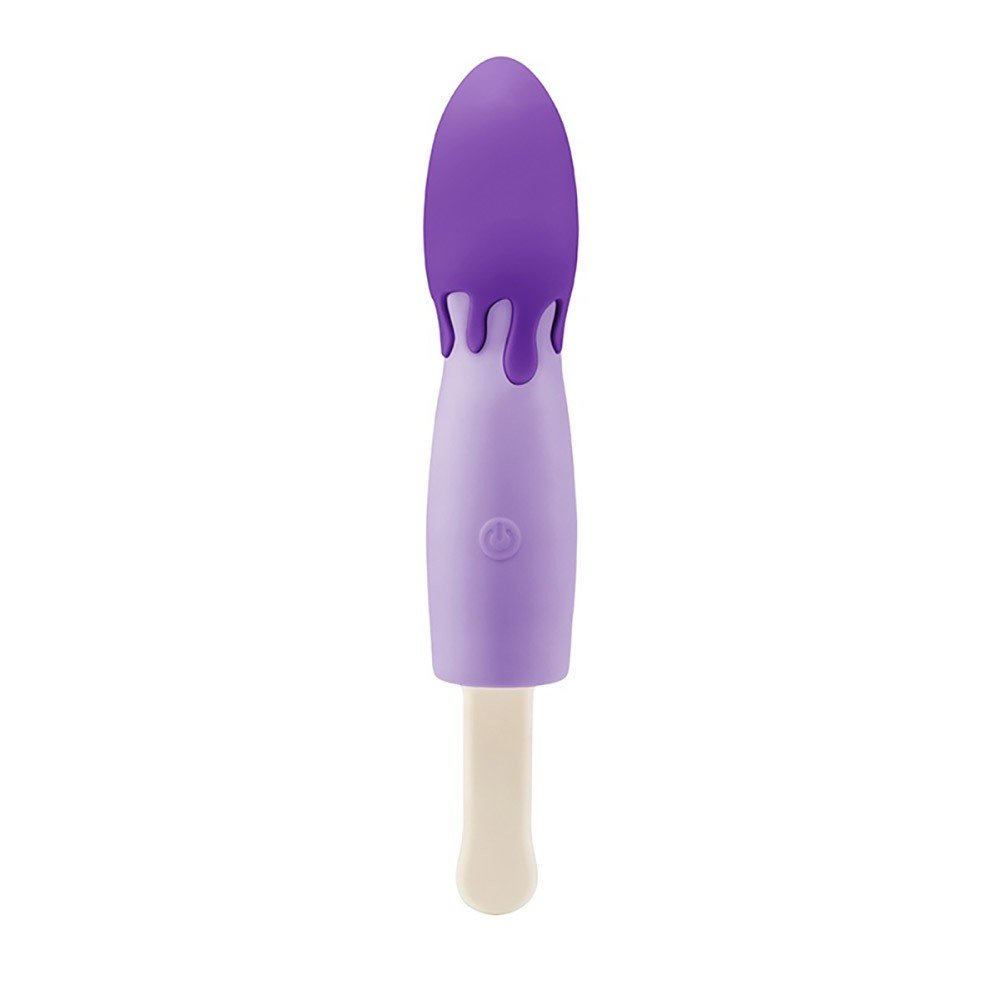 Vibrador Discreto em Silicone Formato de Sorvete na cor roxa e branca, em vista frontal