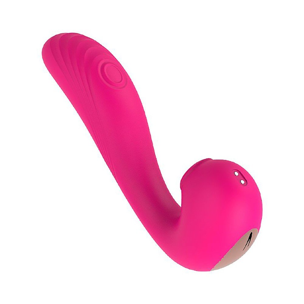 Vibrador Duplo Angels Wings Pink em silicone, vista lateral que destaca a curvatura e formato