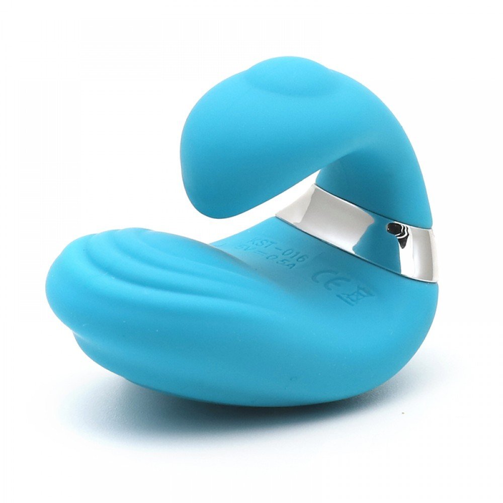 Vista frontal do Vibrador Queeni Azul, mostrando a textura sedosa do silicone e o anel prateado de acabamento