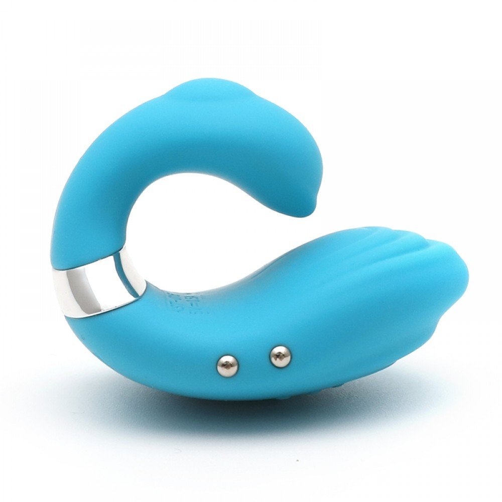 Vista lateral do Vibrador Queeni Azul, com detalhe nos dois bot�es de controle e o logo da marca Kistoy
