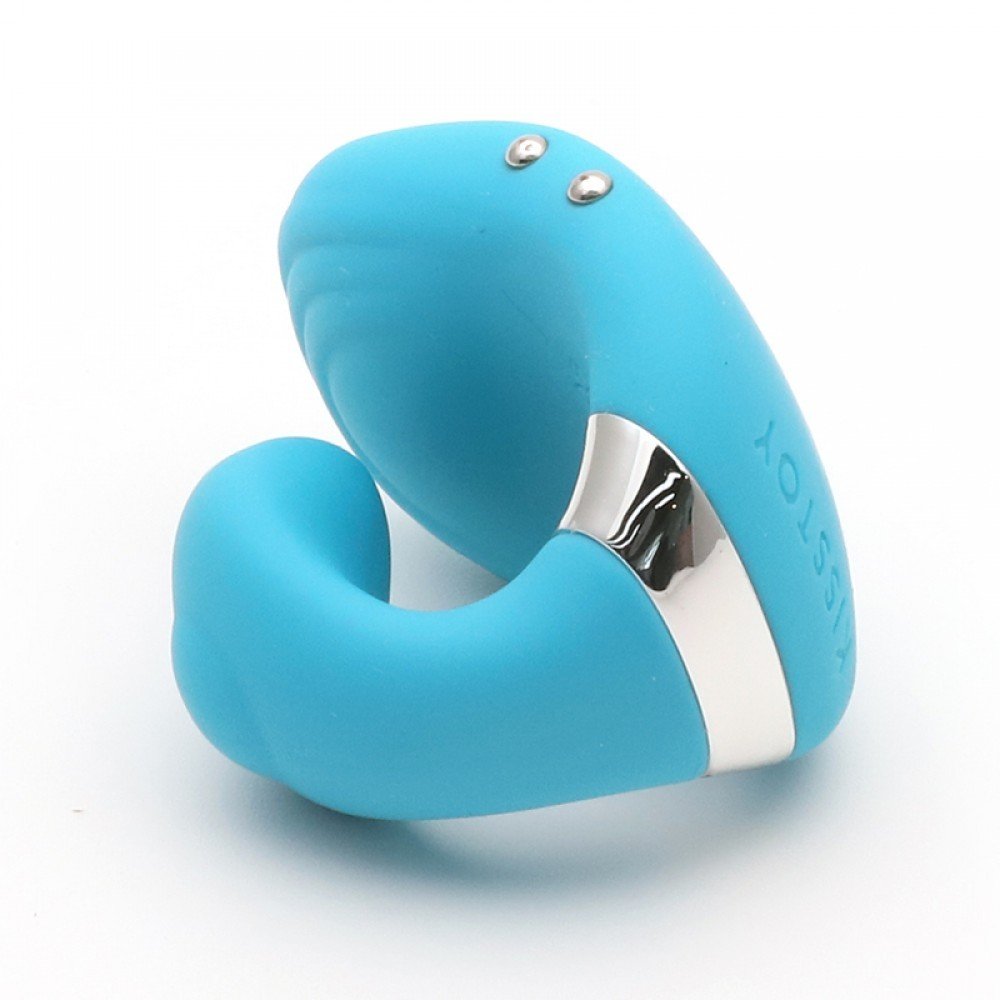 Vibrador Queeni Azul em uma vista superior angular, evidenciando a curvatura ergon�mica e a entrada para carregamento