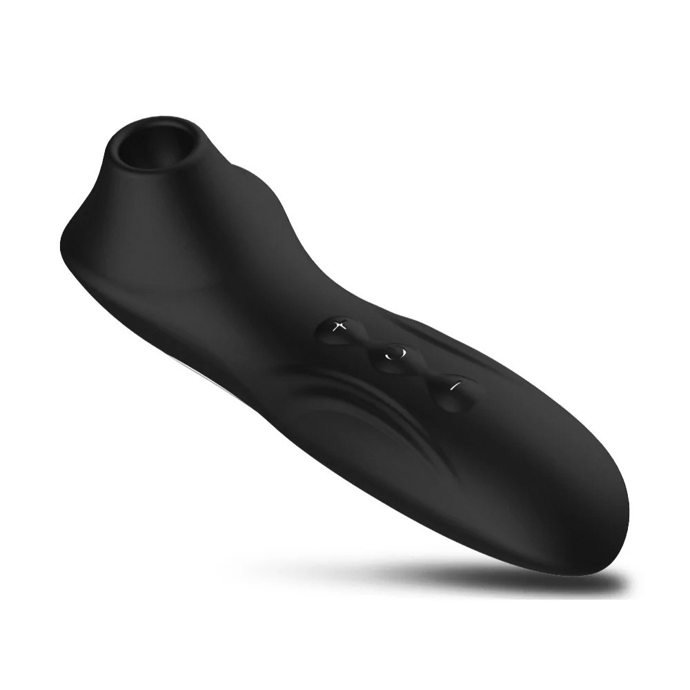 Vibrador para Clit�ris Recarreg�vel em Silicone com 10 Pulsa��es Preto, vista diagonal inferior destacando bot�es de controle