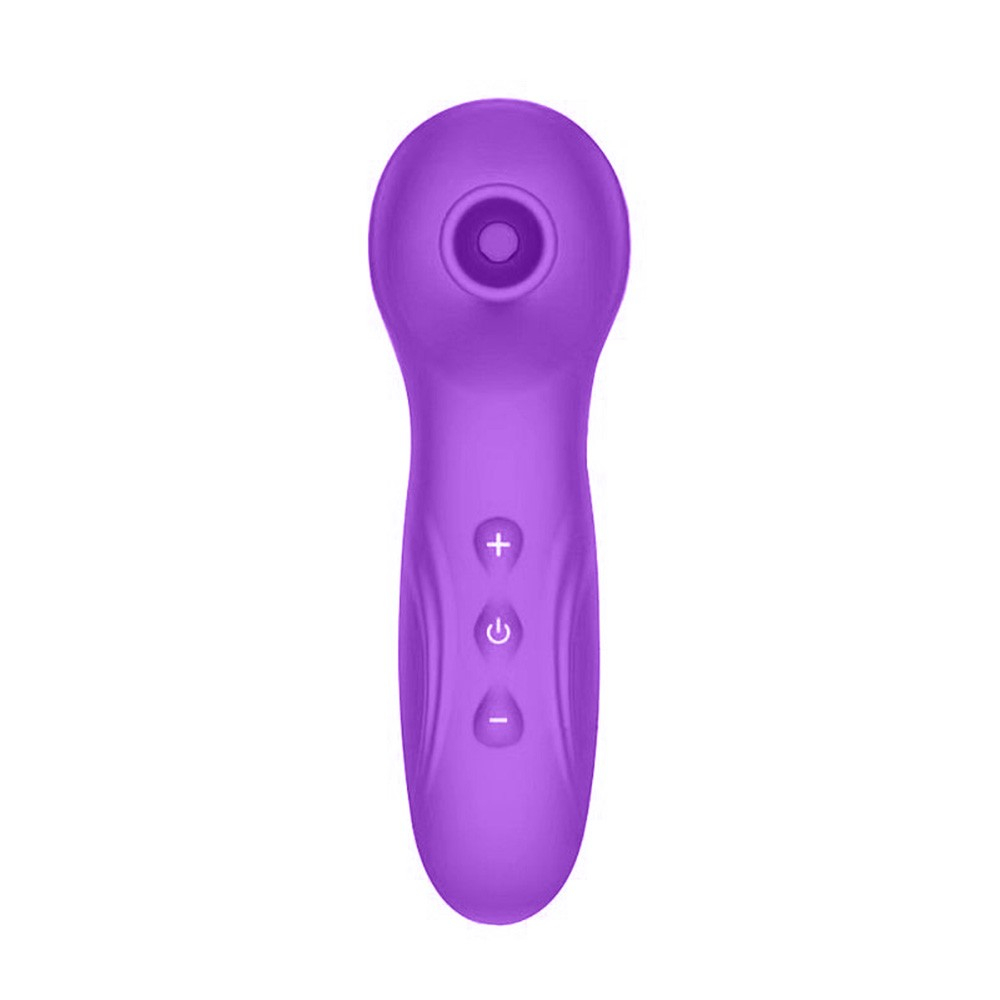 Vibrador para Clit�ris Recarreg�vel em Silicone Roxo - Vista superior com o mecanismo de suc��o e bot�es de controle.