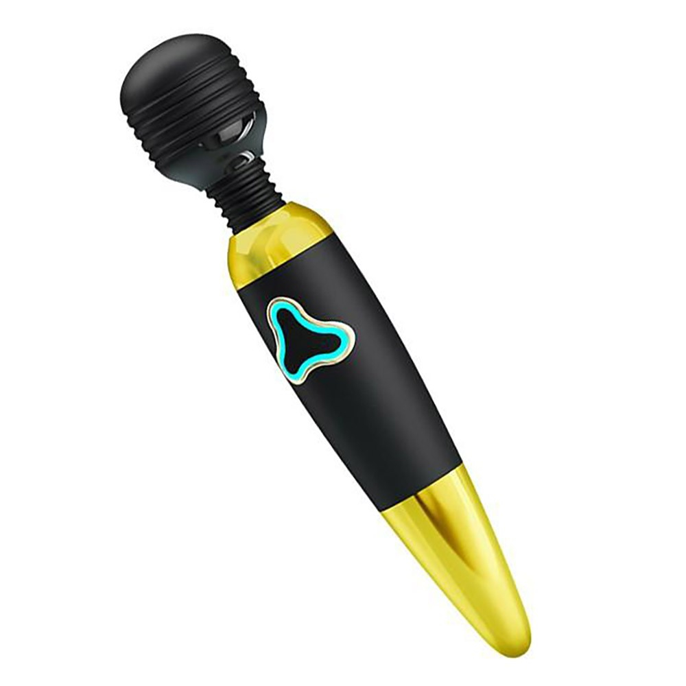 Massageador Er�tico Body Wand Dourado, vista lateral em �ngulo, mostrando a flexibilidade e a textura. 