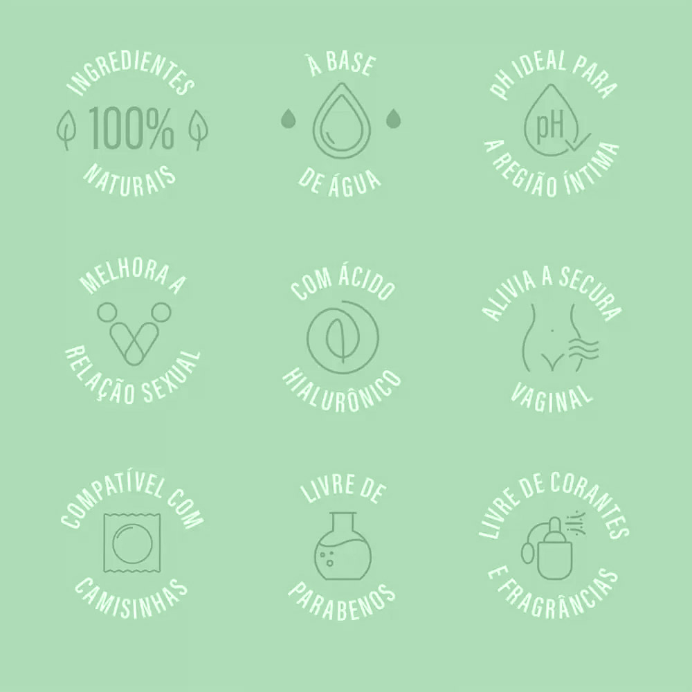 Infogr�fico com os benef�cios do Lubrificante Jontex Naturals: 100% naturais, � base de �gua, pH ideal para a regi�o �ntima, melhora a rela��o sexual, com �cido hialur�nico, alivia a secura vaginal, compat�vel com camisinhas, livre de parabenos, livre de corantes e fragr�ncias.
