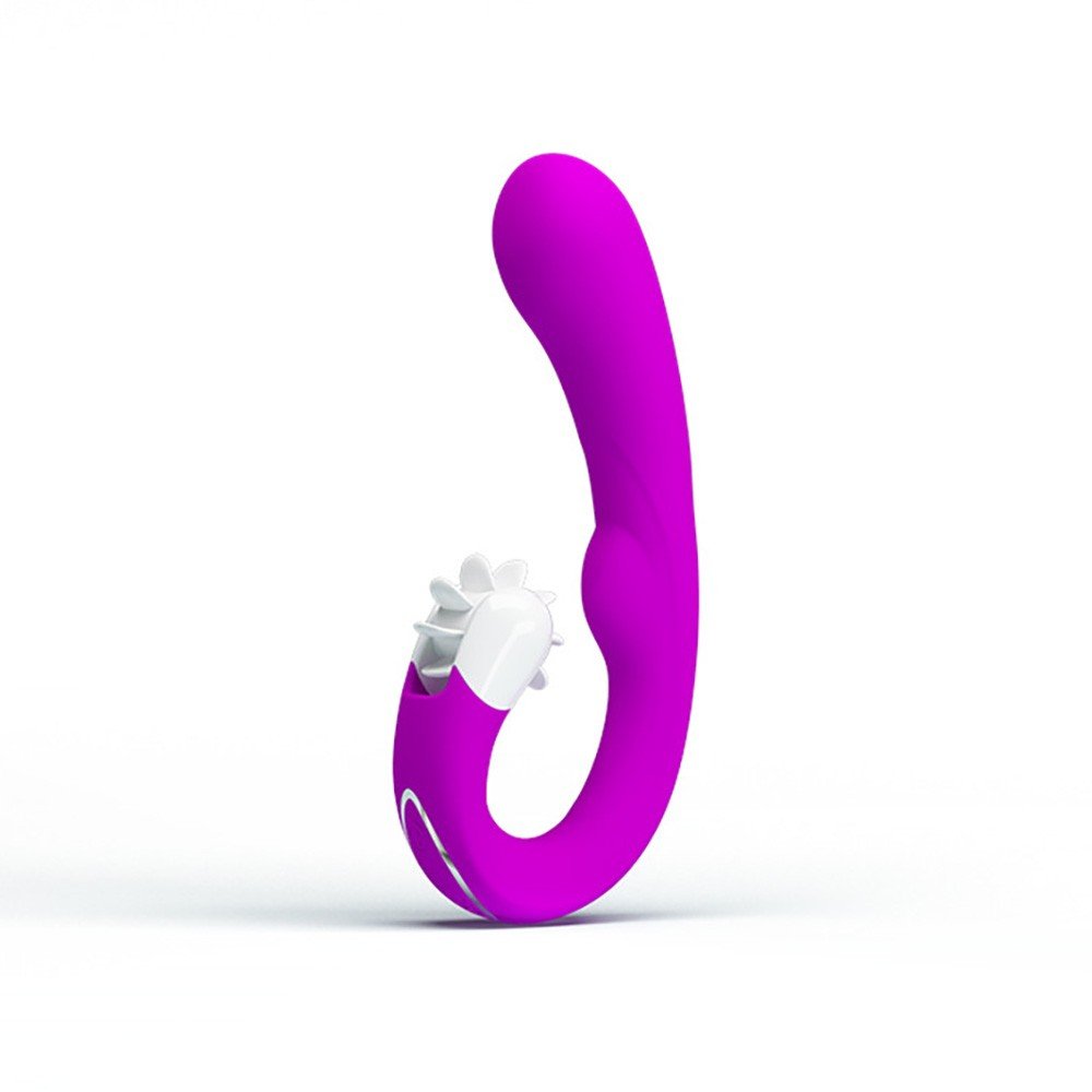 Vista lateral do Vibrador Duplo Magic Tongue Pink, destacando a ponta vibrat�ria curvada e o estimulador rotativo