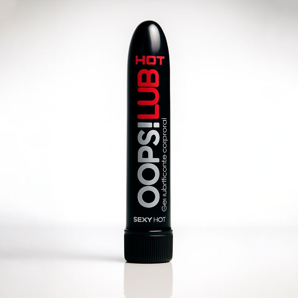 Gel Lubrificante Oops! Hot, embalagem preta e vermelha de 100g em fundo branco.