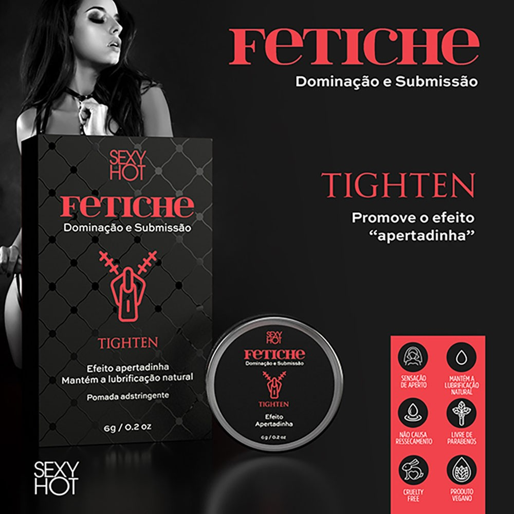 Gel Adstringente em Pomada Tighten 6g, com embalagem e pote, e detalhes sobre 
