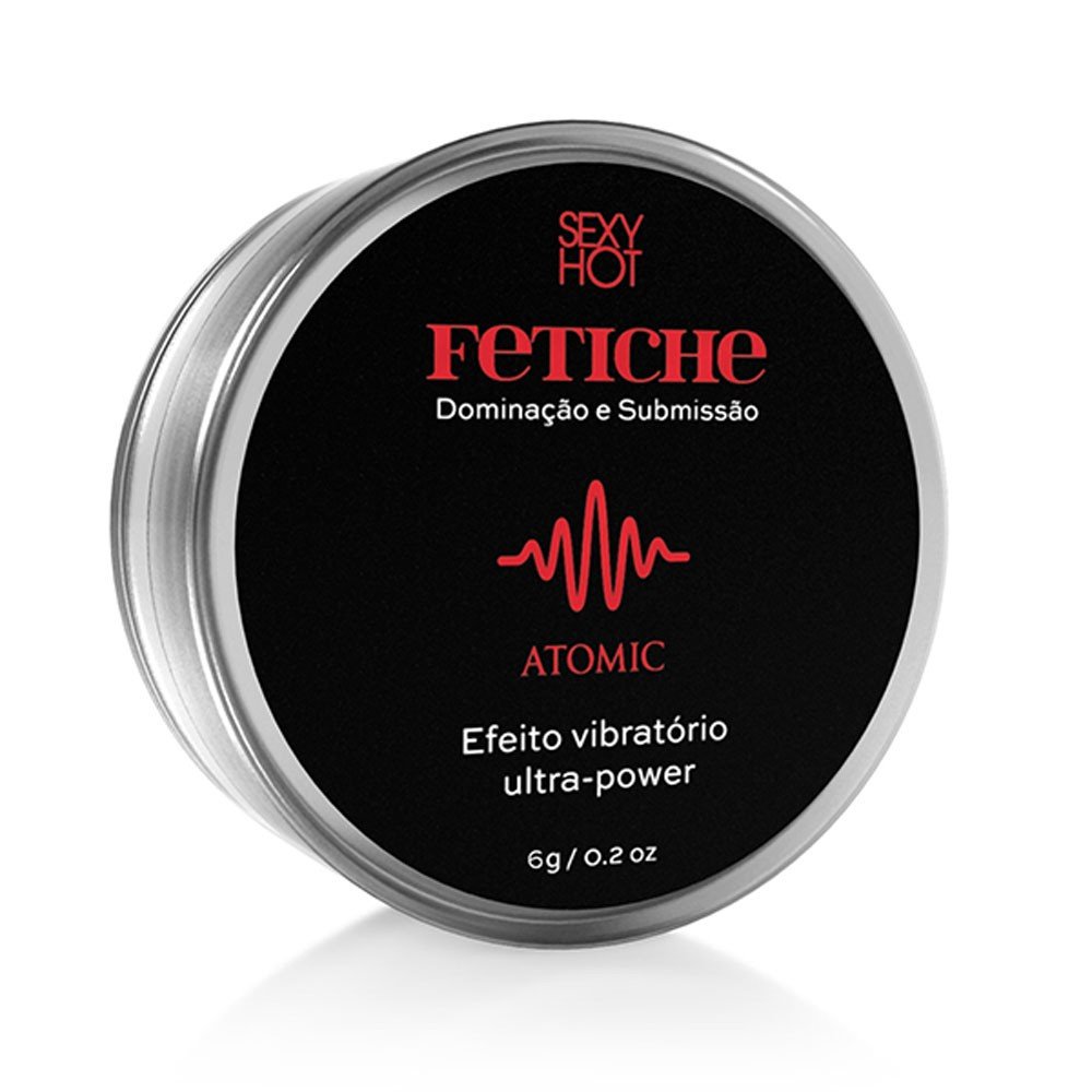 Gel Excitante Unissex em Pomada Esquenta e Vibra Atomic - vis�o da embalagem de metal com o r�tulo preto que destaca a marca Fetiche e o efeito vibrat�rio ultra-power