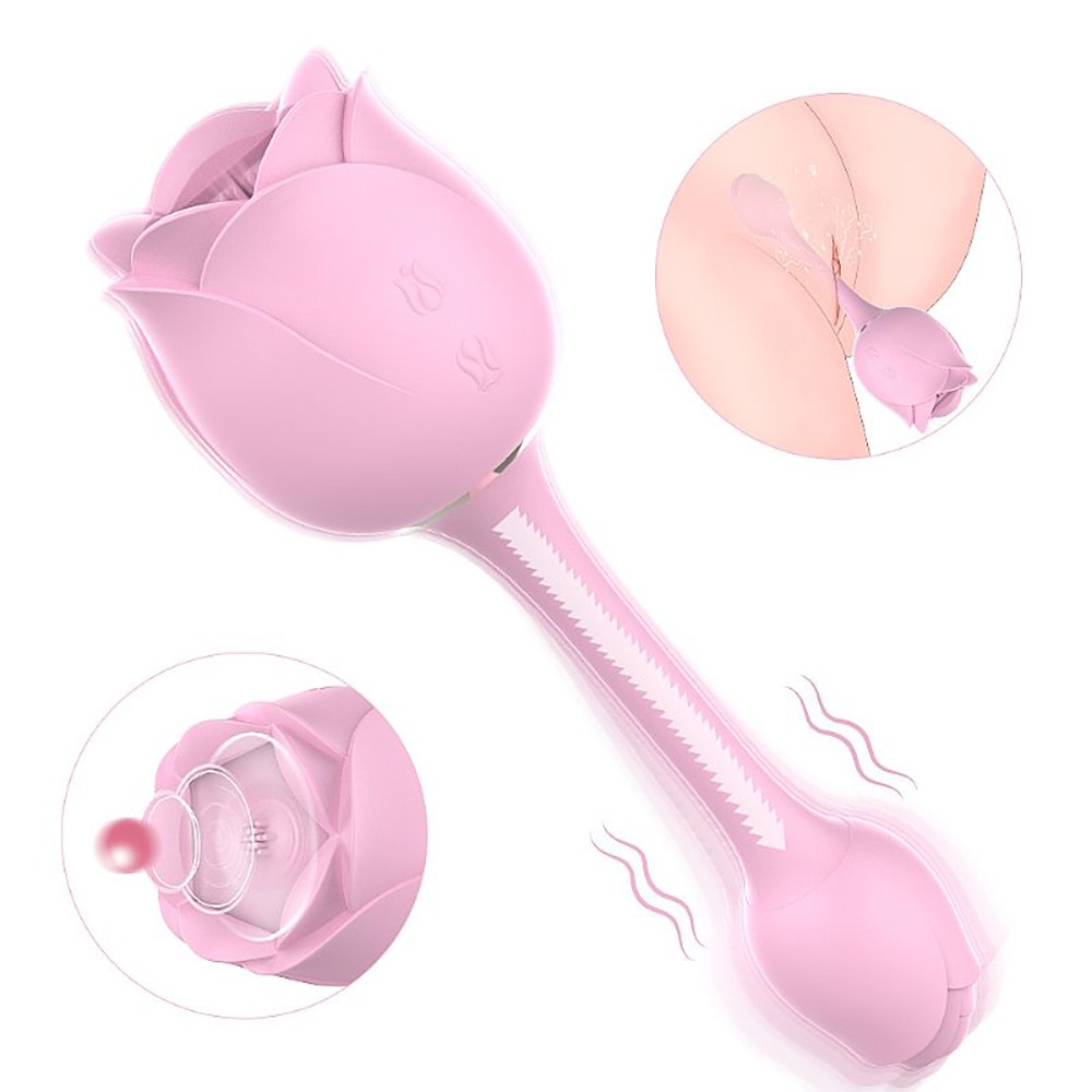Vibrador Immortal Flower 3 Rosa, com ilustra��o de uso para estimular o clit�ris e penetra��o, destacando a haste fina e a flor