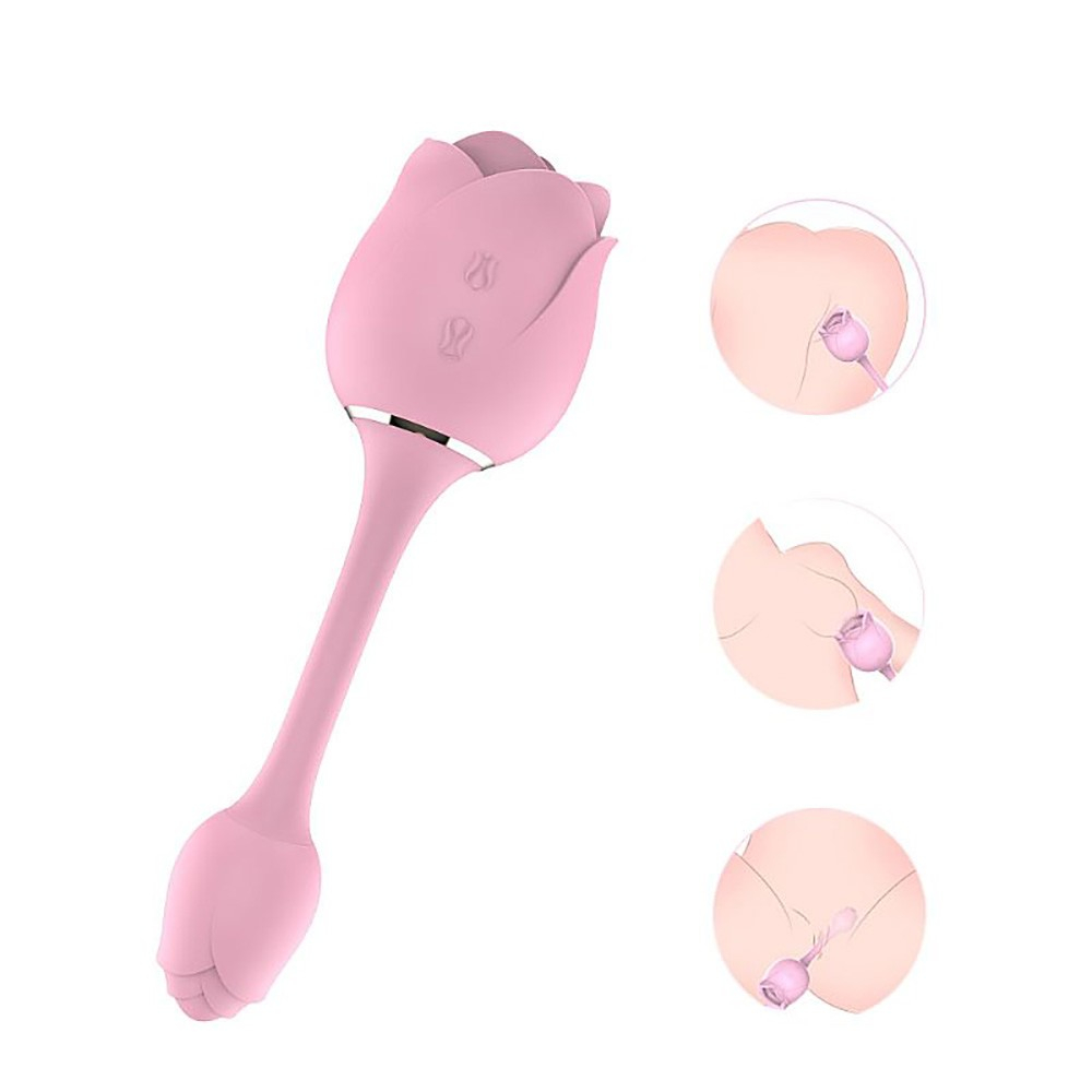 Vibrador Immortal Flower 3 Rosa, em vista lateral, com ilustra��es de uso para estimula��o vaginal, clitoriana e anal discreta (parte traseira)