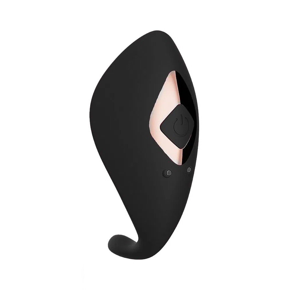 Vibrador para Clit�ris em Silicone Recarreg�vel Preto, em vista lateral, com o design ergon�mico e o bot�o de ligar/desligar vis�veis.