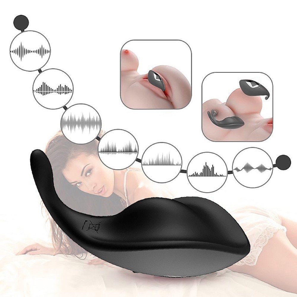 Vibrador para Clit�ris em Silicone com ilustra��es dos 7 modos de vibra��o e seu formato ergon�mico para estimular o clit�ris, com uma figura feminina sensual ao fundo.