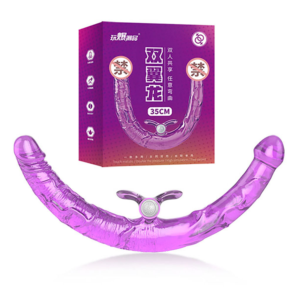Pênis Havaiano Duas Pontas com Vibrador em Elastômero Translúcido 35 x 4cm Roxo | Foto 01