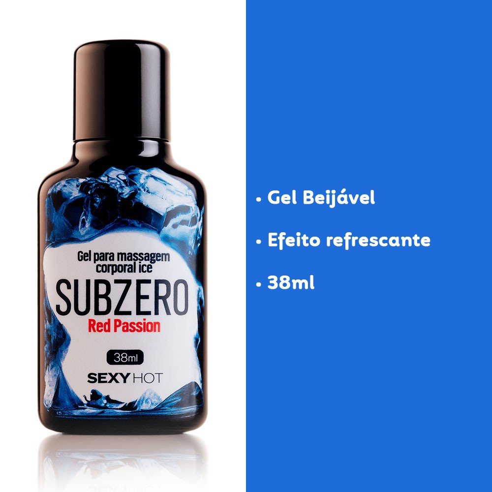 Frasco do Gel Massageador Ice Subzero Red Passion ao lado de frases de destaque como 'Gel Beij�vel', 'Efeito refrescante' e '38ml'.