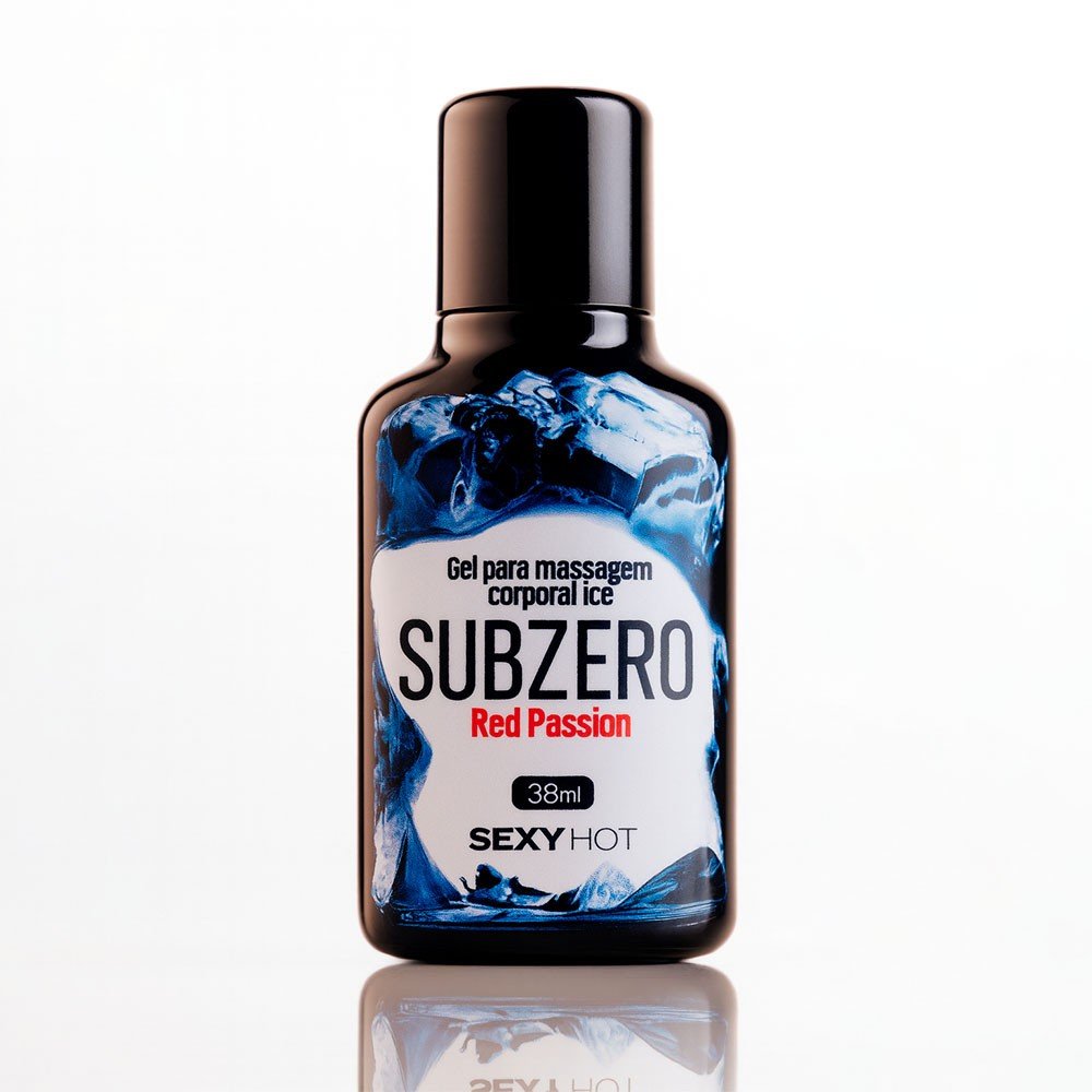 Garrafa de Gel Massageador Ice Subzero Red Passion, evidenciando o design do frasco e o r�tulo com os detalhes do produto e a marca Sexy Hot.