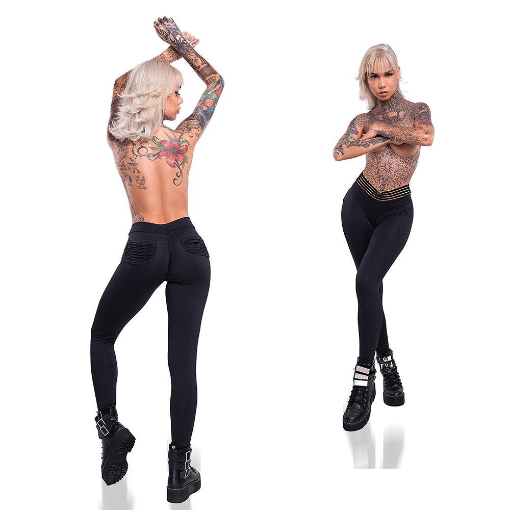 Cal�a Sensual Sexy em Suplex Poliamida Levanta Bumbum com Bolso Atr�s e C�s de El�stico Preto - Vista lateral e traseira