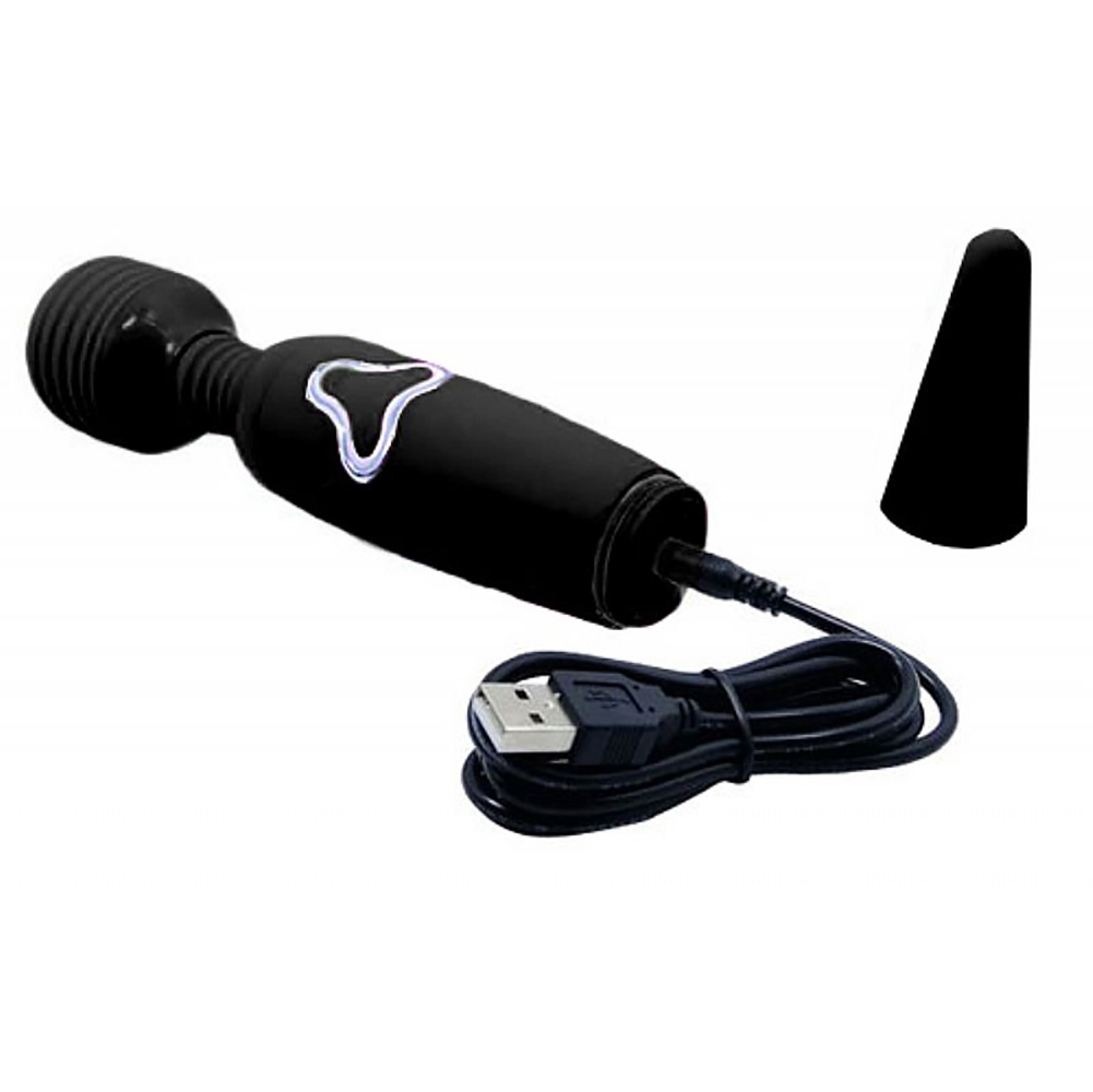 Massageador Er�tico em Silicone Recarreg�vel com 7 Vibra��es Body Wand Preto | Detalhe do massageador deitado, evidenciando o cabo USB de carregamento.