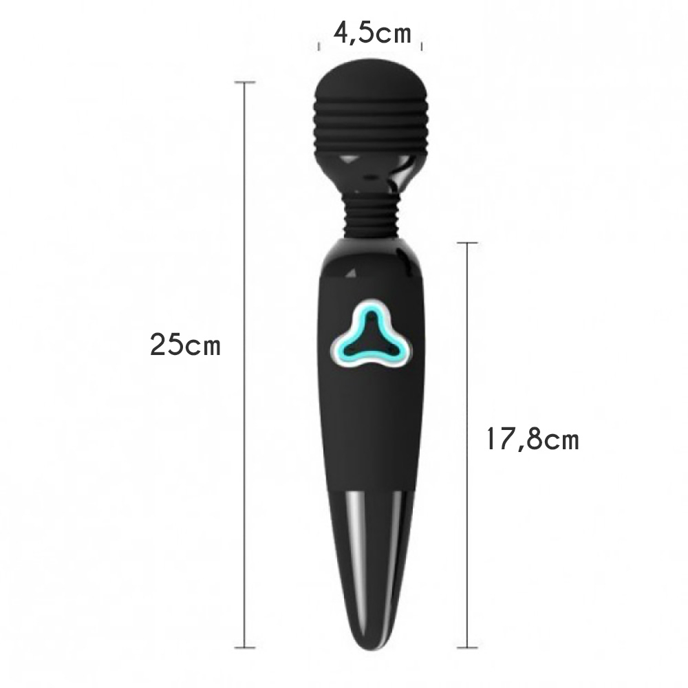 Massageador Er�tico em Silicone Recarreg�vel com 7 Vibra��es Body Wand Preto | Medidas detalhadas do produto (4,5cm de largura, 25cm de comprimento total, 17,8cm de cabo, 6,5cm de profundidade da ponta).