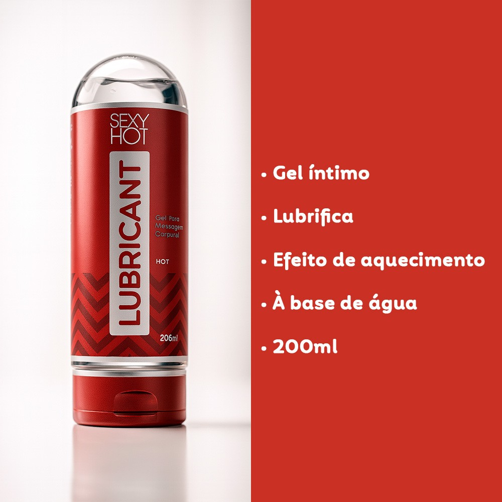 Lubrificante �ntimo Hot Lubricant 200ml, com informa��es destacadas como 'Gel �ntimo', 'Lubrifica', 'Efeito de aquecimento', '� base de �gua' e '200ml'