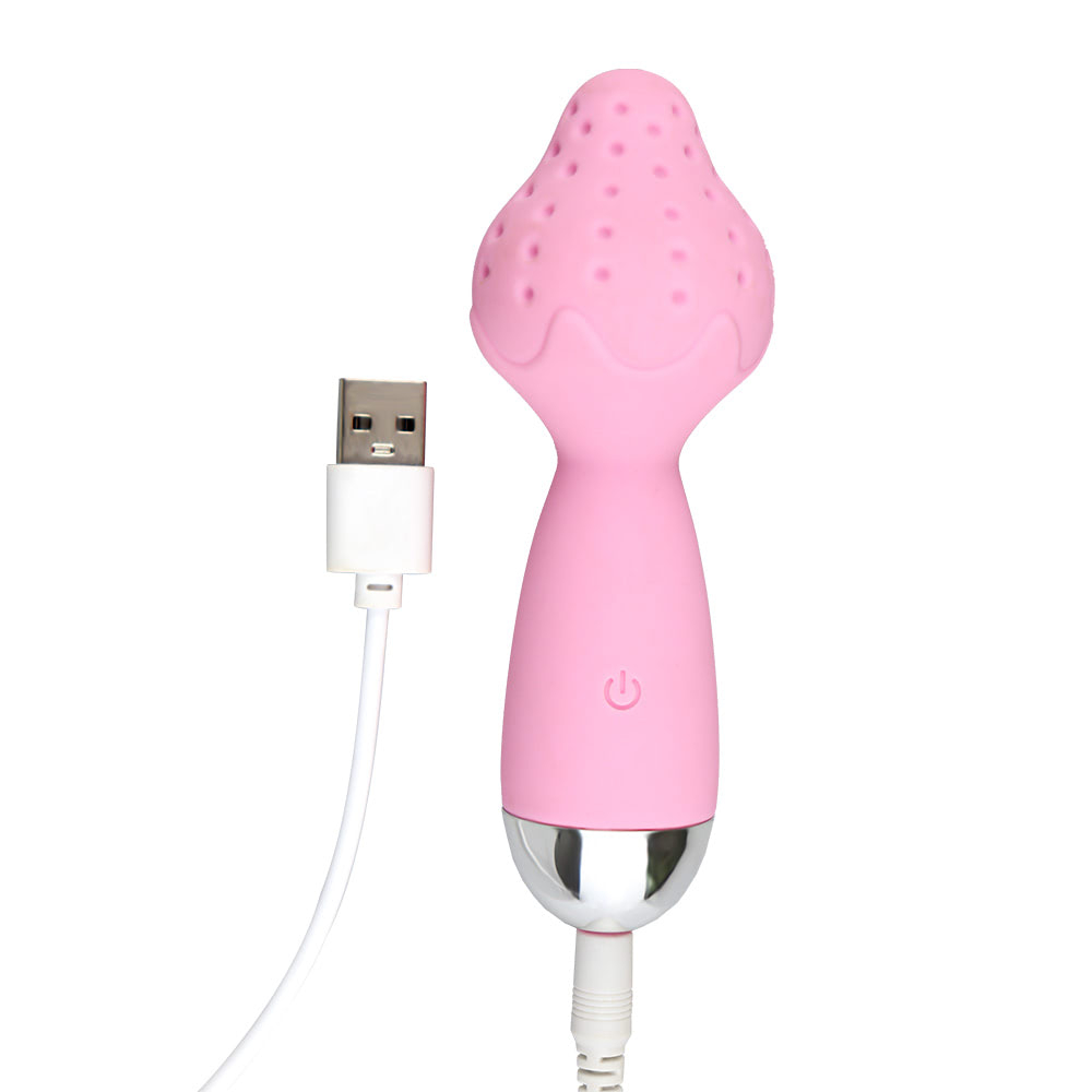 Vista lateral do Massageador Er�tico em formato de Morango Rosa, com a base met�lica e o bot�o de controle de vibra��o vis�veis