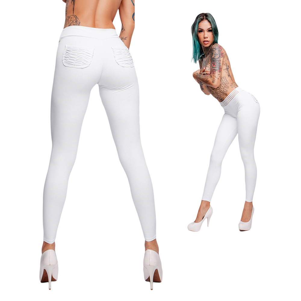 Vista traseira da Cal�a Sensual Sexy em Suplex Poliamida Levanta Bumbum Branco, detalhe do bolso