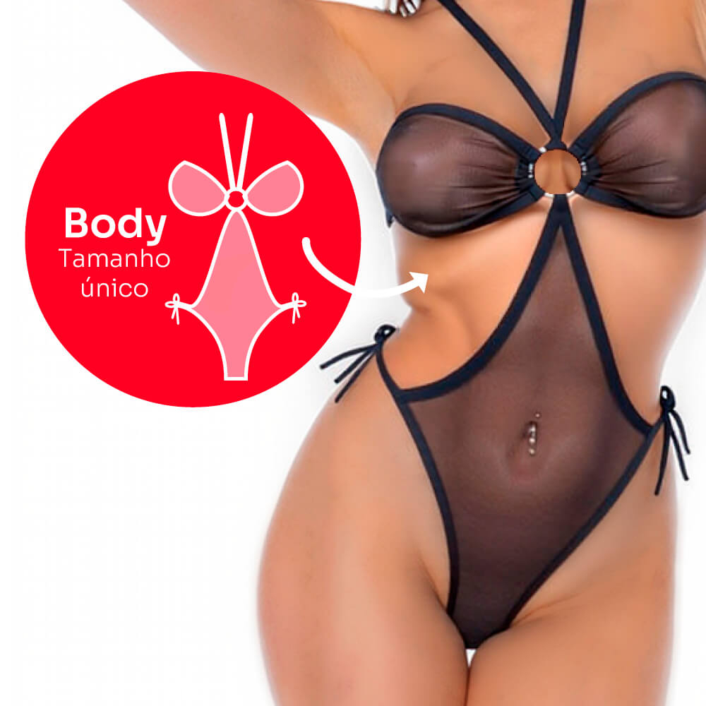 Body Fio Dental Sensual Sexy em Tule de Amarrar Preto - Close do busto e das al�as, focando na transpar�ncia e no design sem aro