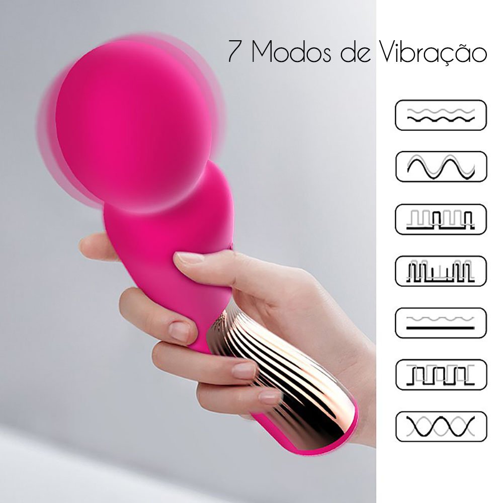 Massageador Wand Varinha M�gica em uso na mao, mostrando a flexibilidade da ponta e os 7 modos de vibracao ilustrados ao lado