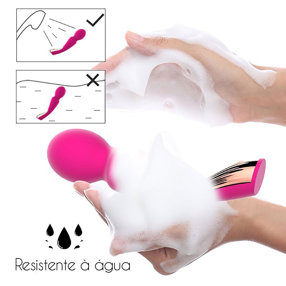Instrucoes visuais de uso e limpeza do Massageador Wand Varinha M�gica, destacando sua resistencia a agua (chuveiro permitido, imersao total nao)