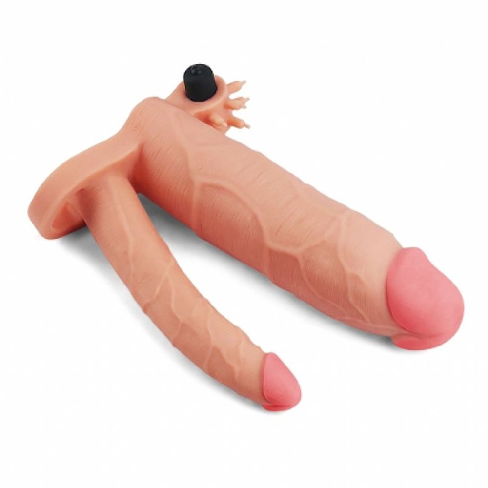 Capa Peniana com Vibrador em Cyberskin, Anel Companheiro e Estimulador de Clit�ris 21 x 5cm Bege | Foto 05