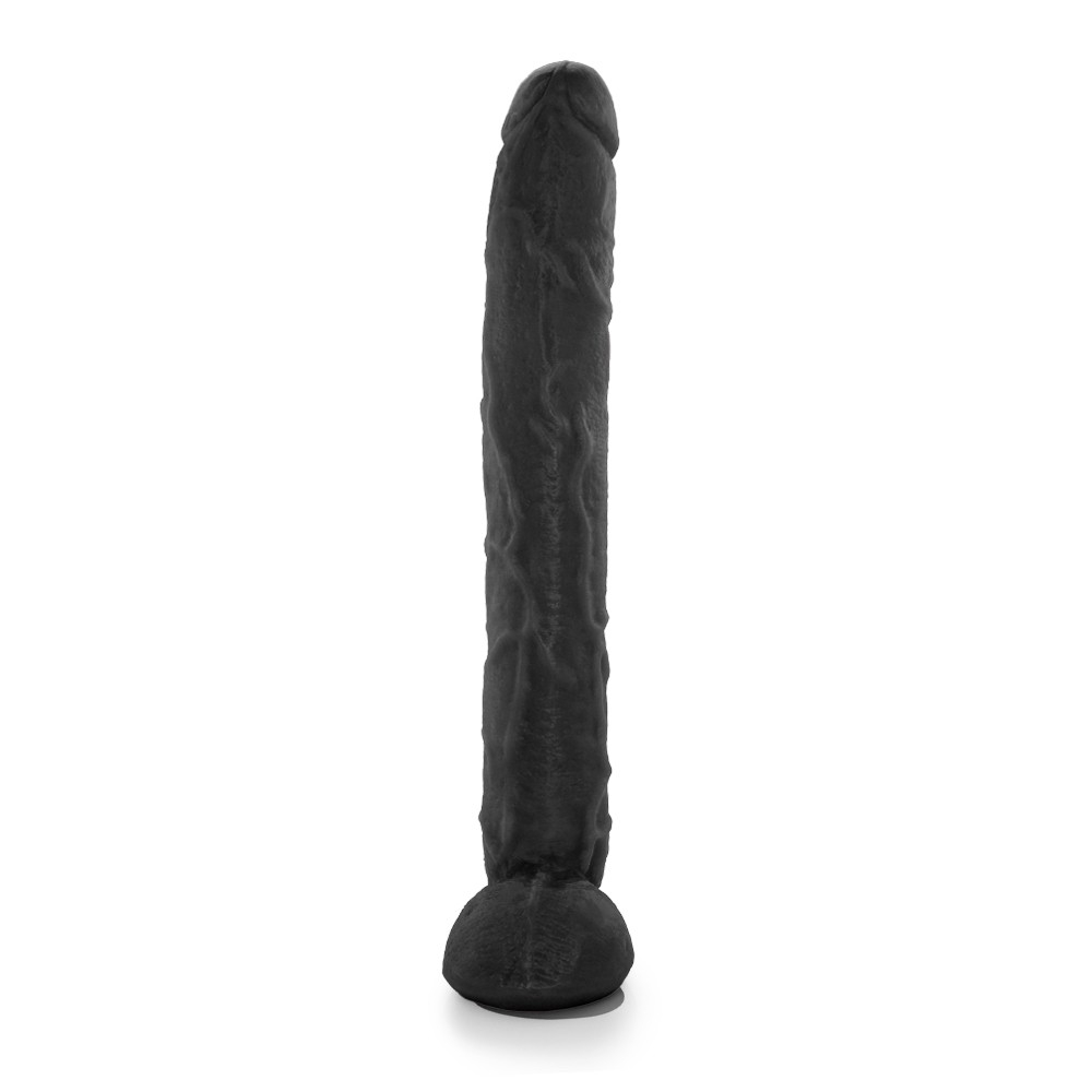 P�nis Gigante e Grosso Flex�vel com Escroto e Ventosa Neg�o da Picona em vista reta frontal, cor preta, destacando o comprimento, escroto e ventosa