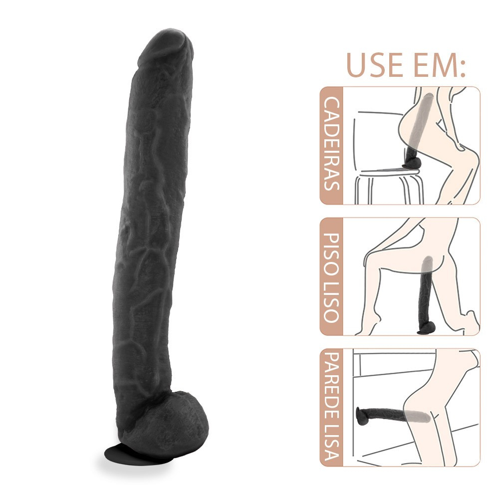 Ilustra��es de como usar o P�nis Gigante e Grosso Flex�vel com Escroto e Ventosa Neg�o da Picona fixado em cadeiras, piso liso e parede lisa para diferentes posi��es