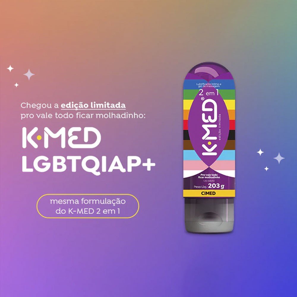 Banner promocional do K-Med 2 em 1 LGBTQIAP+ com texto 'Chegou a edi��o limitada para o vale tudo ficar molhadinho: K-MED LGBTQIAP+'