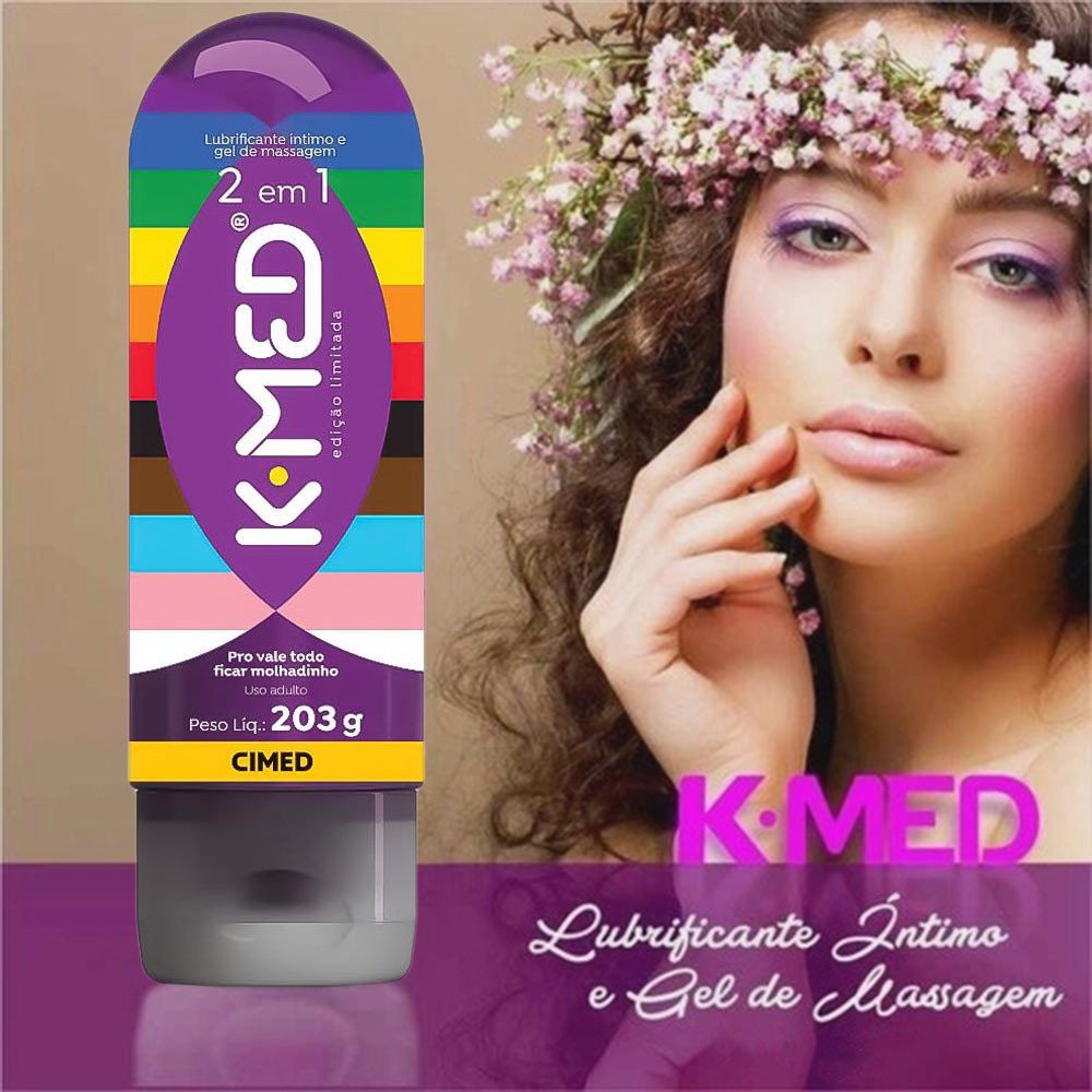 Lubrificante K-Med 2 em 1 LGBTQIAP+ com foco nas informa��es do r�tulo 'Uso Adulto', 'Peso L�q. 203g' e 'Cimed'