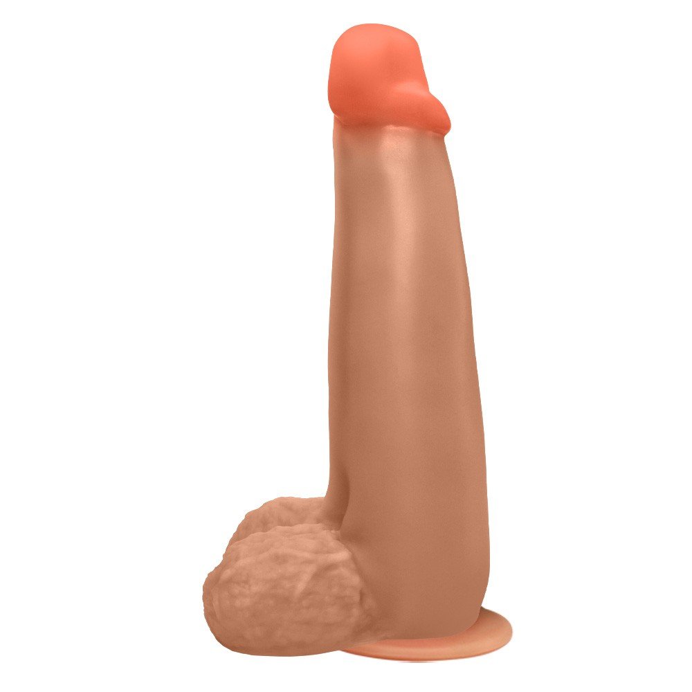 P�nis Gigante e Grosso Flex�vel com Escroto e Ventosa Longo 28 x 8,3cm Bege | Vista frontal detalhada da cabe�a do dildo