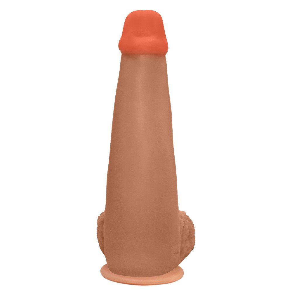 P�nis Gigante e Grosso Flex�vel com Escroto e Ventosa Longo 28 x 8,3cm Bege | Vista lateral com foco no escroto e ventosa