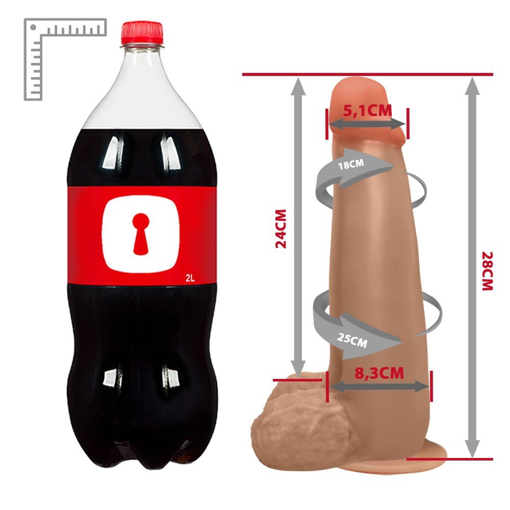 P�nis Gigante e Grosso Flex�vel com Escroto e Ventosa Longo 28 x 8,3cm Bege | Vista completa do dildo em toda sua impon�ncia