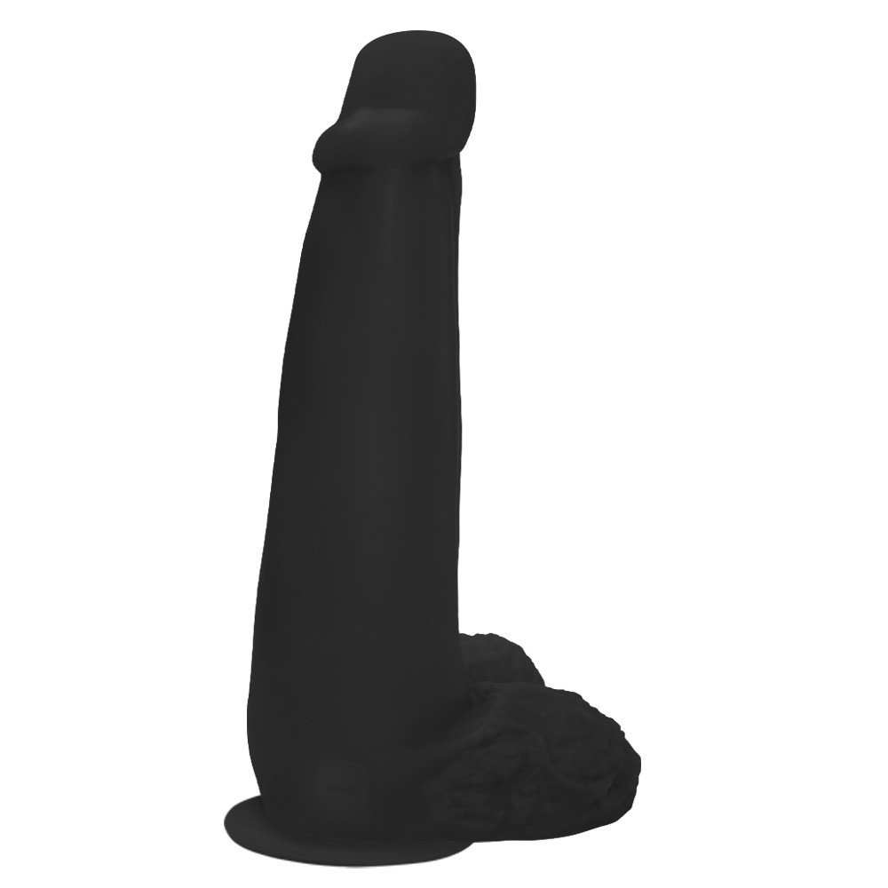 P�nis Gigante e Grosso Flex�vel com Escroto e Ventosa Longo 28 x 8,3cm Preto na vista lateral evidenciando o comprimento de 28cm e a ventosa na base